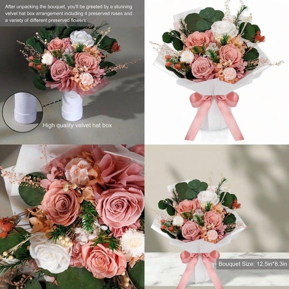 Perfectione Roses 4 Roses Mixed Bouquet for Mother's Day Flowers for Delivery Preserved Flowers Birthday Gift for Women Mom Wife Grandma Her Dusty Rose