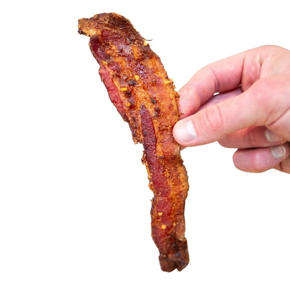 Perfectly Cooked Bacon. Meaty, Juicy and Crispy. High-Protein, Keto-Friendly, Gluten-Free. 80 Calories, 6g Protein per Strip. Sweet with Chile-Heat, Candied Bacon Jerky.