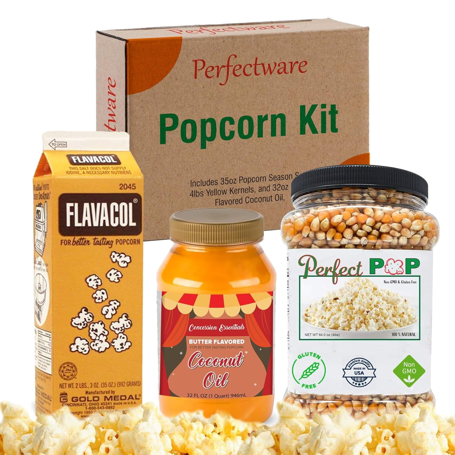 Perfectware- Popcorn Kit (Includes 35oz Season Salt, 4lbs Yellow Kernels, and 32oz Butter Flavored Coconut Oil