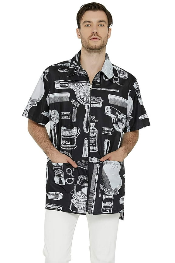 Barber Jacket for Men, Hair Stylist Grooming Smock Vest Shirt, Vintage Print