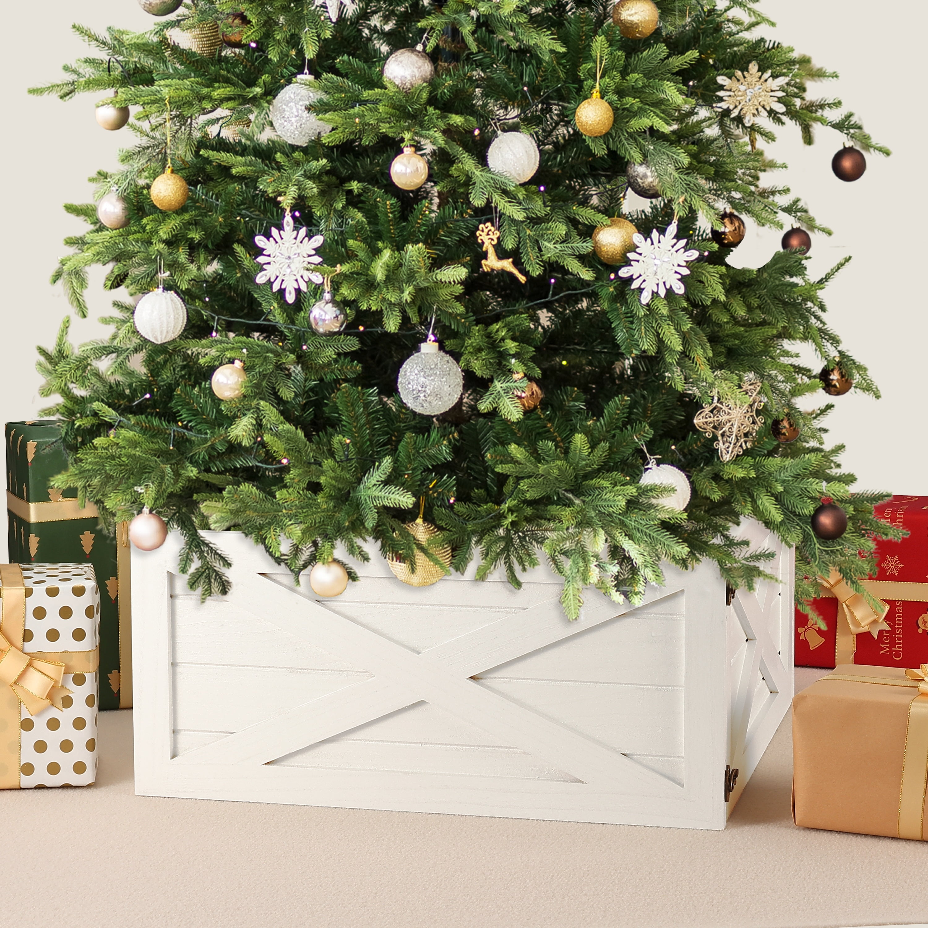 Perfnique 22'' Christmas Tree Collar, Durable Wood Christmas Tree Base