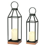 Perfnique Black Metal Lantern w/Wood, Set of 2 Rustic Lantern Decorative w/ 6hr Timer Flickering Flameless Candles, Farmhouse Lanterns Candle Holder for Outdoor, Indoor, Mantle Decor (No Glass)