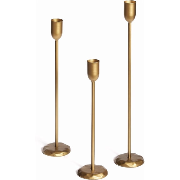 Perfnique Brass Candlestick Holders, Set of 3 Antique Gold Iron Candle Holders for Christmas, Wedding, Dining Table and Mantel Decor