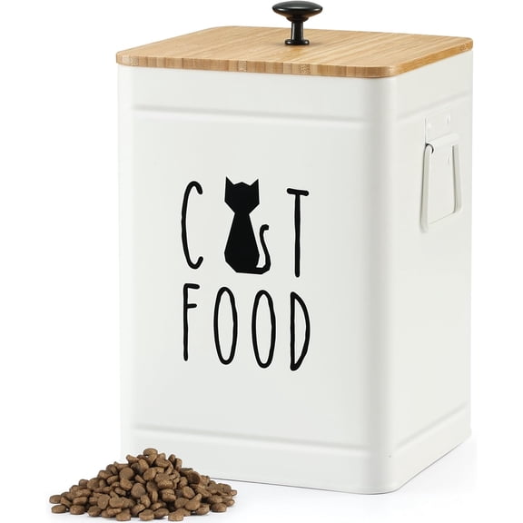 Perfnique Cat Food Storage Container, Airtight Cat Treat Container with Bamboo Lid, 25 Cup Pet Food Storage for Kitchen Countertop, Treat Jars for Pets, Farmhouse Cat Food Container (White)