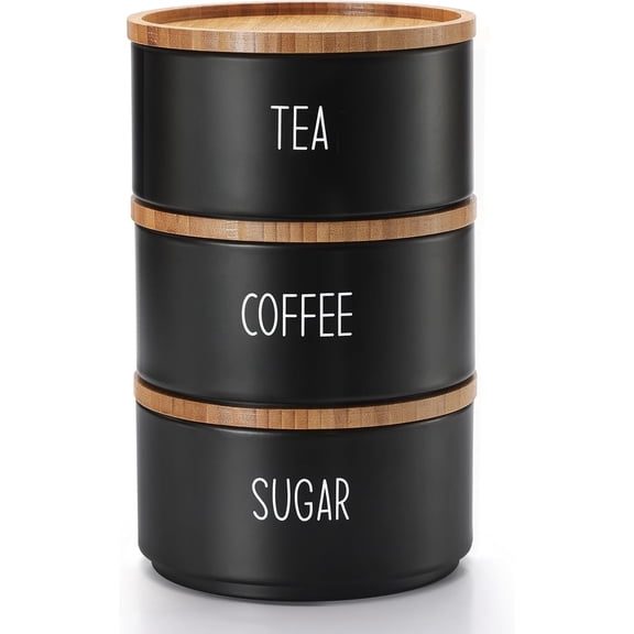 Perfnique Coffee Tea Sugar Container Set, Stackable Tea Coffee Sugar Canister Set with Bamboo Lids, Airtight Kitchen Canisters for Countertop, Farmhouse Food Storage Container (Black)