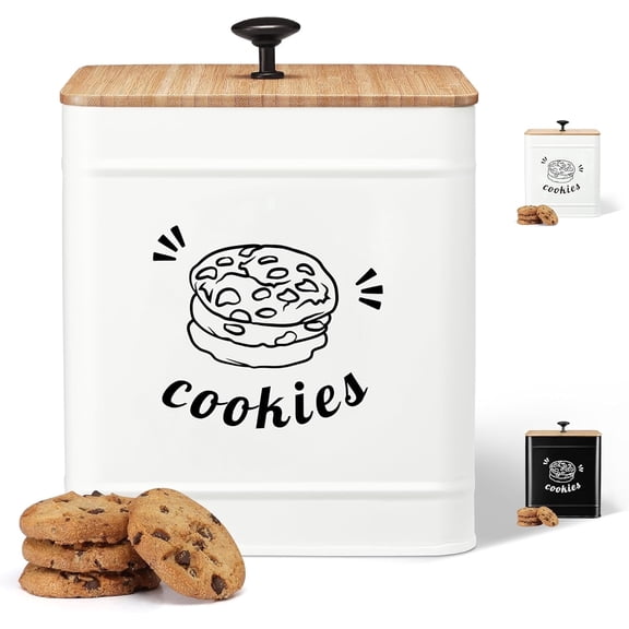 Perfnique Cookie Jar, Cookie Jars with Lids Airtight, 1 Gallon Large Cookie Tin with Bamboo Lid, Cute Cookie Candy Jar for Kitchen Counter Decorative (White)