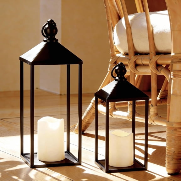 Perfnique Decorative Lanterns for Indoor & Outdoor, Set of 2 Black Metal Lanterns (17" & 13") with LED Timer Flameless Candles, Farmhouse Modern Decor for Front Porch, Patio, Mantle