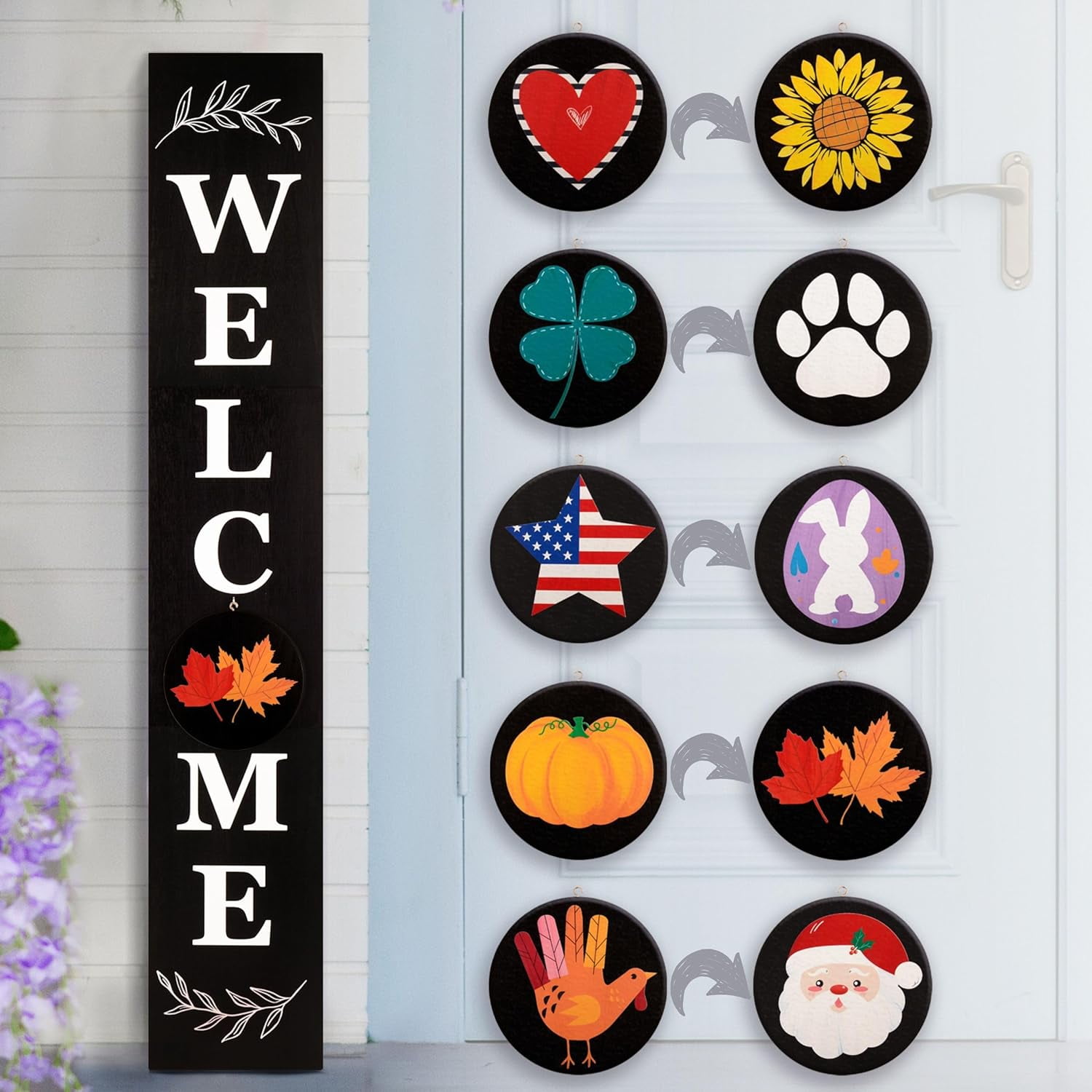 Perfnique Interchangeable Welcome Sign for Front Porch Standing, 47 x 7.9 Inch Black Wooden Leaner Sign with 10 Interchangeable Designed Icons(5 double sided disks), Modern Farmhouse Rustic