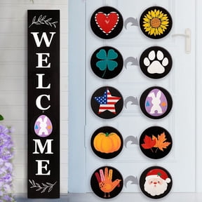 Perfnique Interchangeable Welcome Sign for Front Porch Standing, 47 x 7.9 Inch Black Wooden Leaner Sign with 10 Interchangeable Designed Icons(5 double sided disks), Modern Farmhouse Rustic