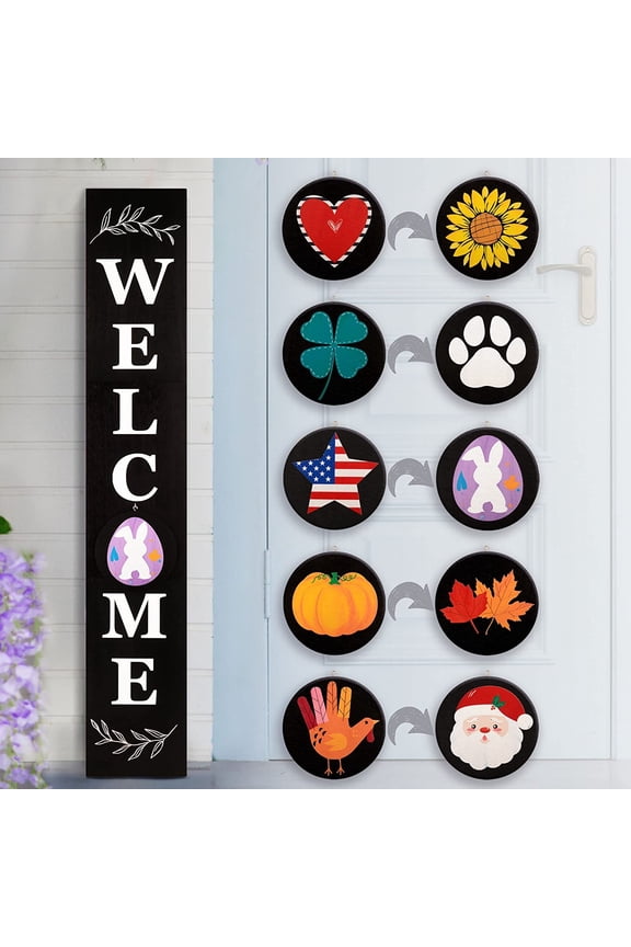 Interchangeable Welcome Sign for Front Porch Standing, 47 x 7.9 Inch Black Wooden Leaner Sign with 10 Interchangeable Designed Icons(5 double sided disks), Modern Farmhouse Rustic