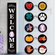 Perfnique Interchangeable Welcome Sign for Front Porch Standing, 47 x 7.9 Inch Black Wooden Leaner Sign with 10 Interchangeable Designed Icons5 double sided disks, Modern Farmhouse Rustic