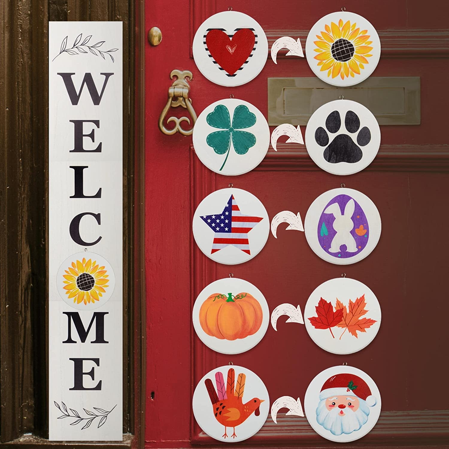 Monjita Interchangeable Welcome Standing Sign – Farmhouse Rustic Porch Decor For All Seasons