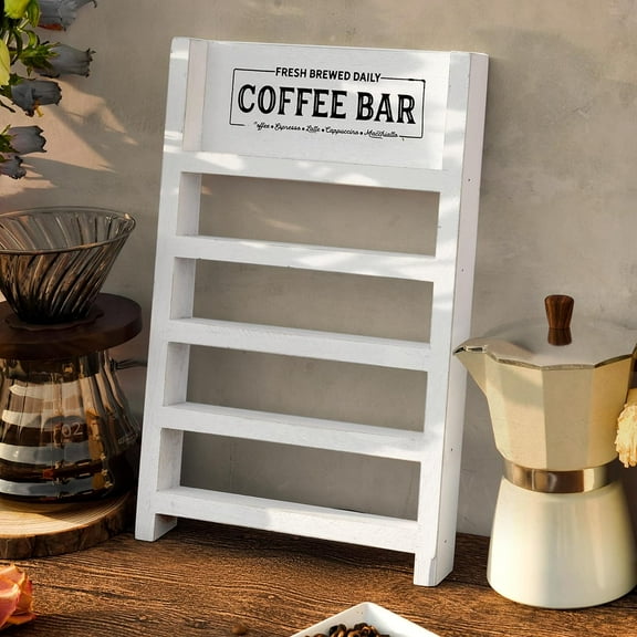 Perfnique K Cup Holder, Farmhouse Coffee Pod Holder, Wooden Coffee Pod Ladder for Counter, Rustic Kcup Storage Organizer for Home Kitchen Coffee Bar Table Decor (White, Leafy Coffee Bar)