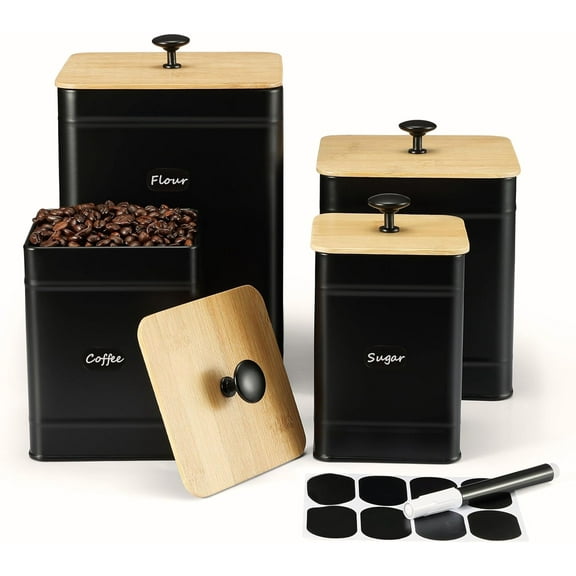 Perfnique Kitchen Canisters, Farmhouse Kitchen Counter Set of 4, Coffee Tea Sugar Jars Food Storage Container (Black)