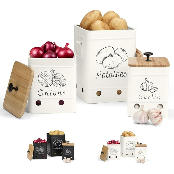 Perfnique Kitchen Vegetable Storage Container, Potato Onion and Garlic Storage Bin Set of 3 for Countertop Pantry, Kitchen Canisters Organization Keeper Holder Tin with Aerating Holes and Lid (White)
