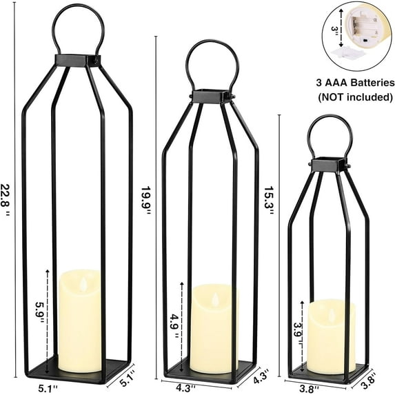 Perfnique Modern Farmhouse Lanterns, Set of 3 Black Metal Lanterns w/ 6hr Timer Flickering Flameless Candles