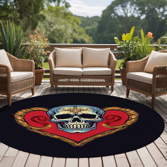 Perforated Head 8ft Round Rug for Open Concept Living Room Seating Zone, with Red Love Heart Washable Non Slip Large Circle Area Rug