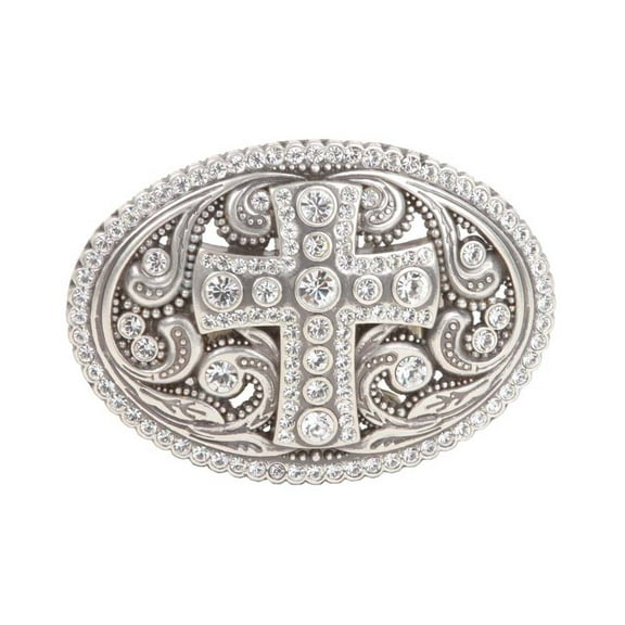 Perforated Oval Rhinestone Religious Cross & Flower Engraving Belt Buckle