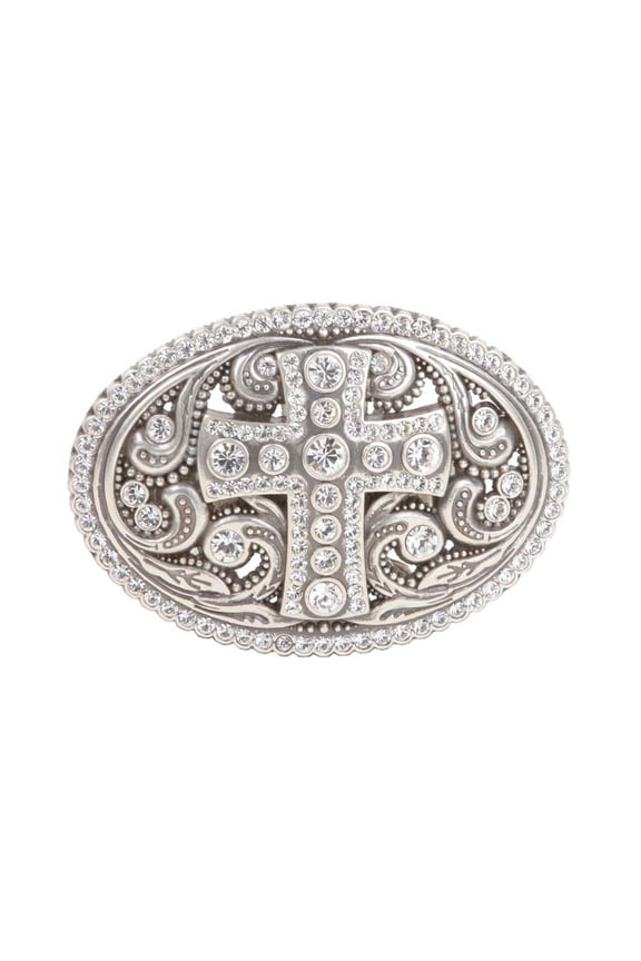 Perforated Oval Rhinestone Religious Cross & Flower Engraving Belt Buckle
