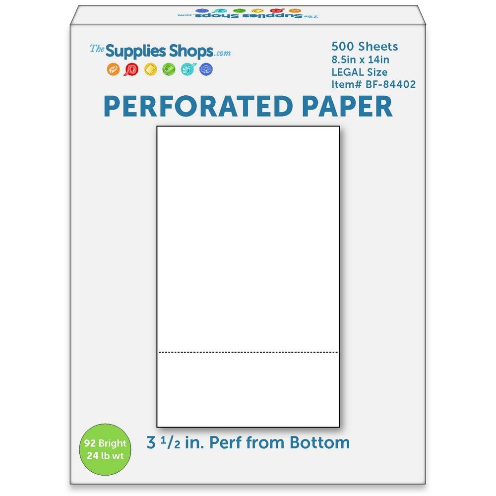 Perforated Paper, 3 1/2" From Bottom, Horizontal on White 24# LEGAL Size Copy Paper (Ream of 500)