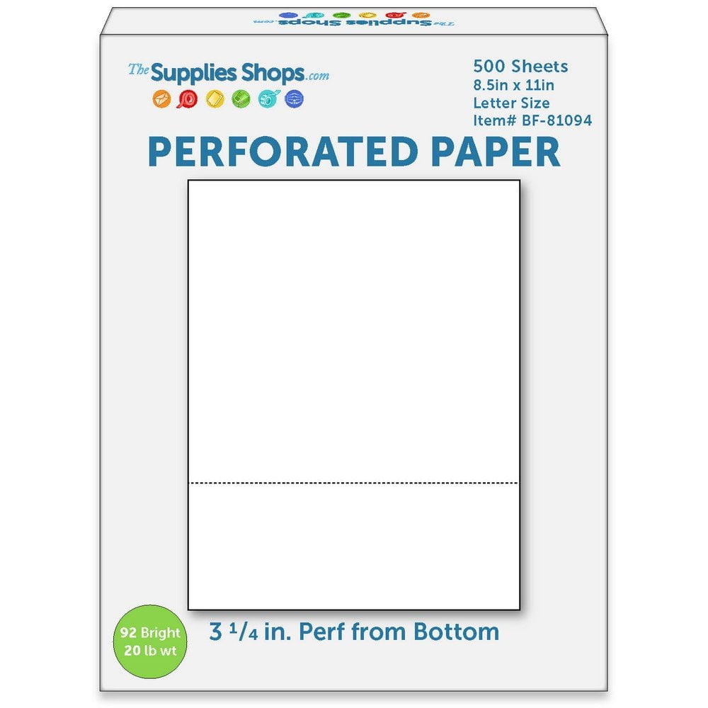 Perforated Paper, 3 1/4" From Bottom, Horizontal on White 20# Letter Size Copy Paper (Ream of 500)