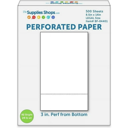 Perforated Paper, 3" From Bottom, Horizontal on White 24# LEGAL Size Copy Paper (Ream of 500)