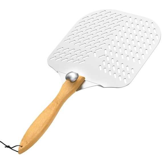 Perforated Pizza Peel Aluminum Lightweight Heat Resistant Easy to Clean Pizza Shovel with Wood Handle for Bread Cake Cookie