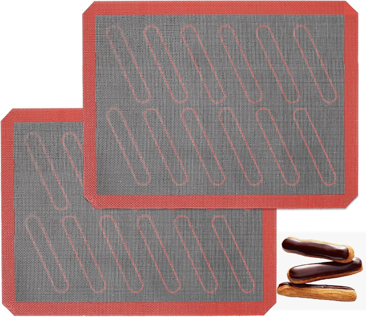 Perforated Silicone Baking Mats 2 PCS Eclair Mat for Half Sheet with 12 Printed Oblong Guides Non-Stick Reusable Oven Liners Making Bread/Pizza/Pastry/Cookie 11-4/5" x 15-3/4"
