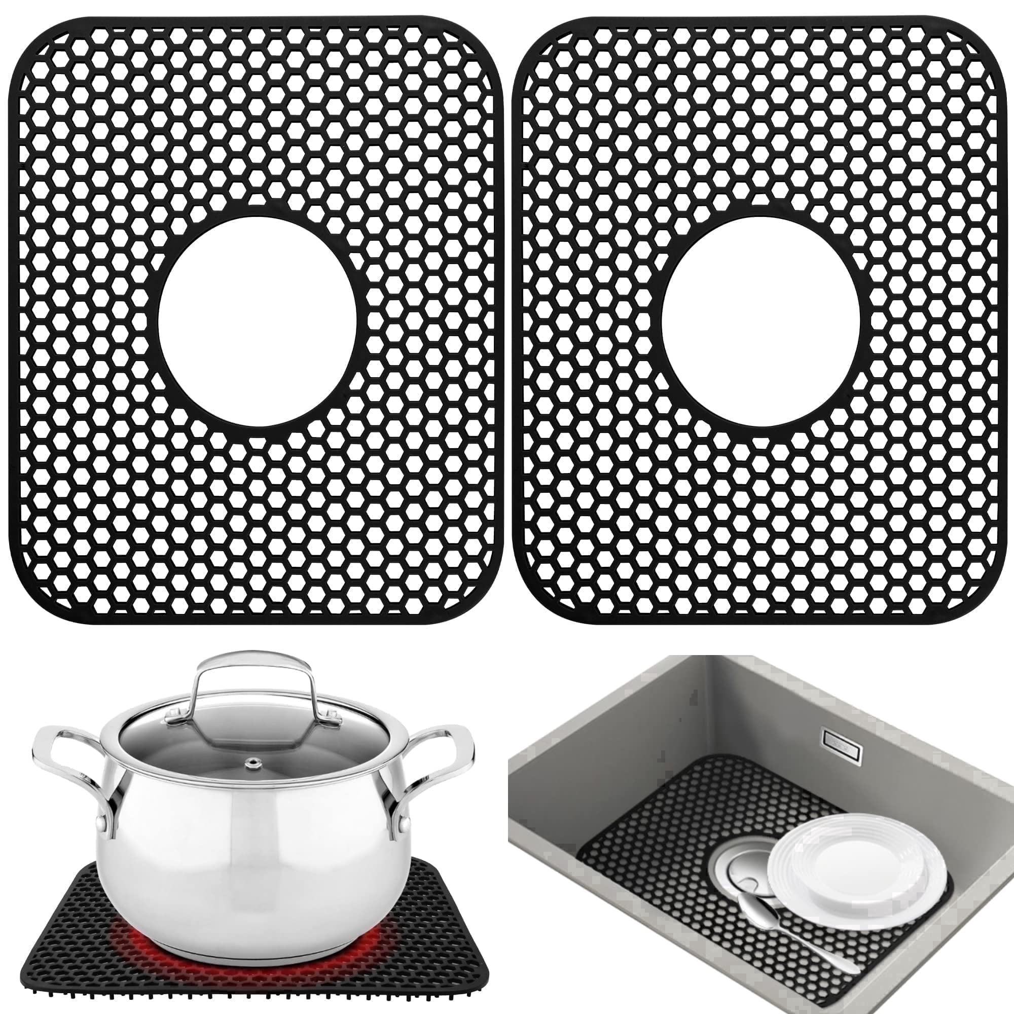 2 Pack Silicone Sink Protector Mats, Non-Slip Drain Pad with Hole, Stain Resistant Black Kitchen Sink Mat for Sink Bottom & Drying Rack, 13.58x11.6