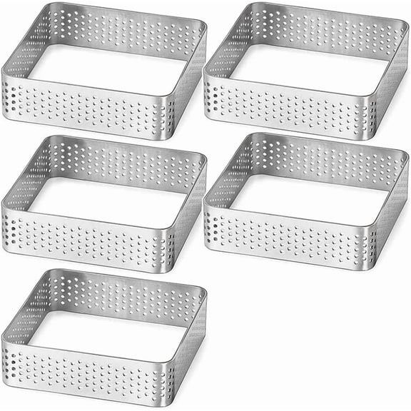 Perforated Tart Ring Stainless Steel Tartlet Square Shape Mould Cake French Baking Tool, 5 Pack, Silver