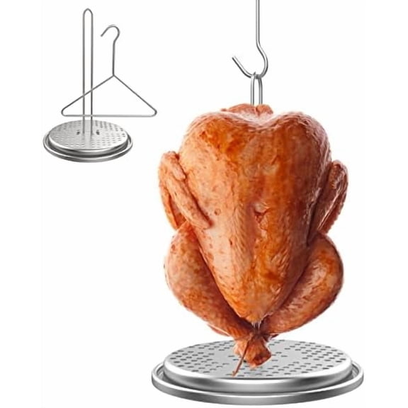 Perforated Turkey Fryer Hook and Stand Set, Chicken Poultry Deep Frying Rack Base and Wire Handle Lifter Hook Vertical Roasting Spit for BBQ Oven, Dishwasher Safe$$Garden & Patio