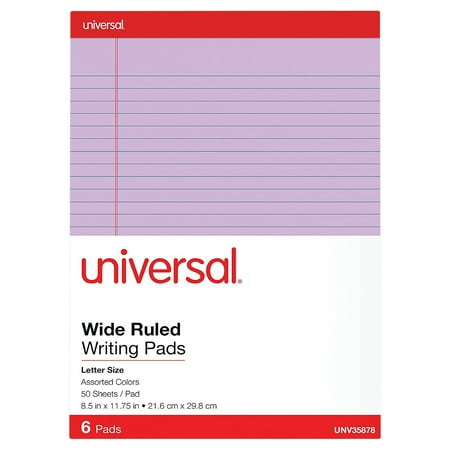 Universal Perforated Writing Pads, Wide/Legal Rule, 8.5 x 11.75, Assorted Sheet Colors, 50 Sheets, 6/Pack -UNV35878