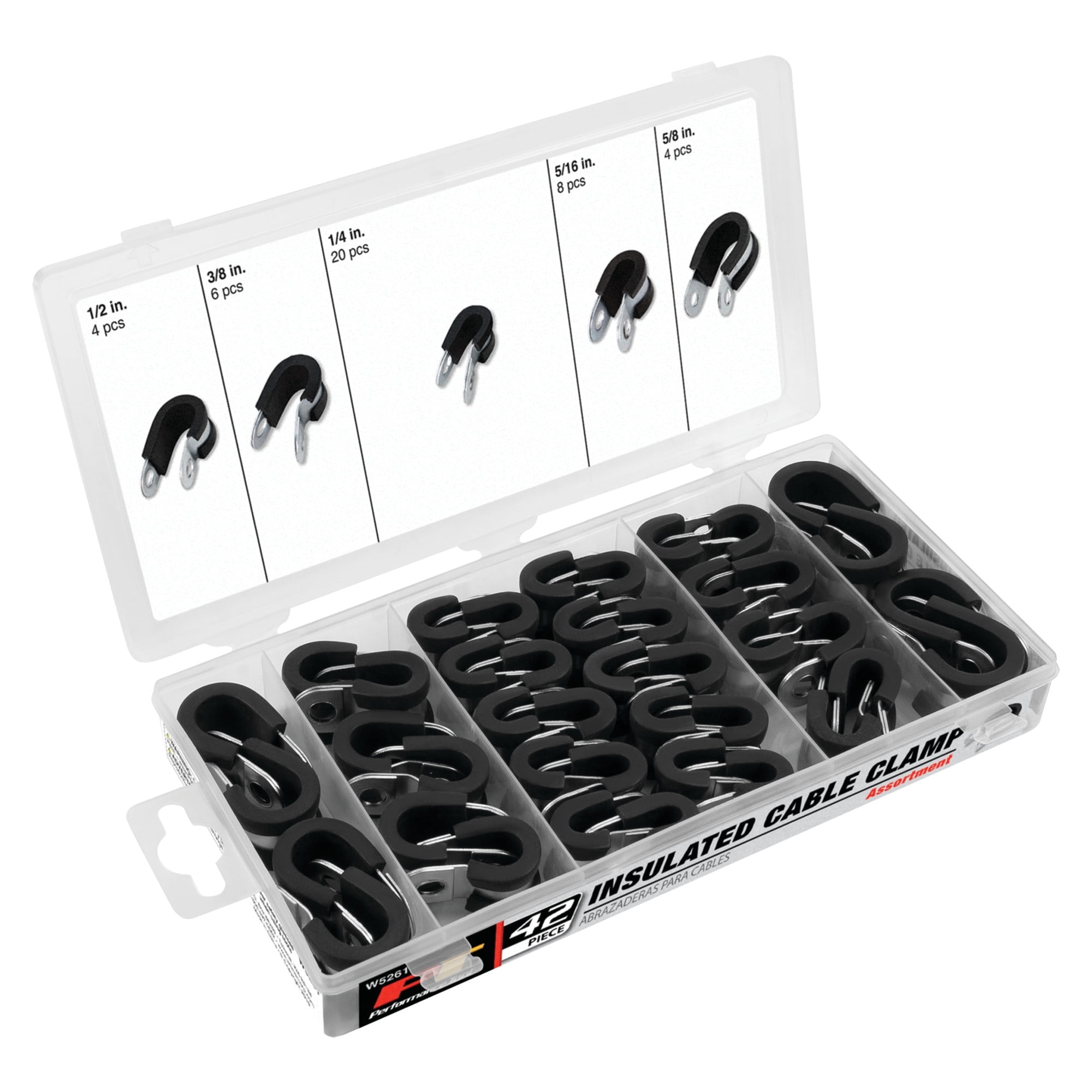 Performance Tool W5261 Insulated Clamp Assortment (42 Pieces) - Rubber Lined, Corrosion Resistant, Sizes 1/4" to 5/8" with Re-sealable Case