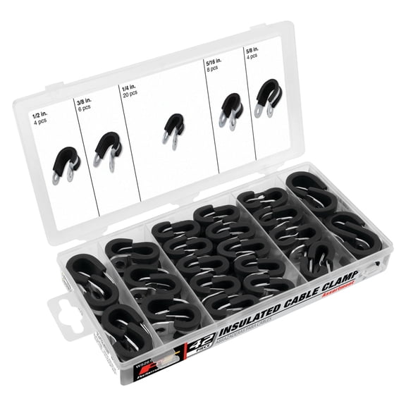 Performance Tool W5261 Insulated Clamp Assortment (42 Pieces) - Rubber Lined, Corrosion Resistant, Sizes 1/4" to 5/8" with Re-sealable Case