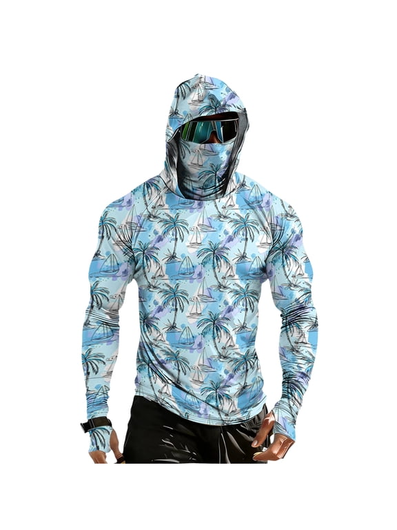 Performance Compression Hoodies for Men, UPF 50+ UV Sun Protection Long Sleeve Shirts with Face Cover for Summer Outdoor Activities