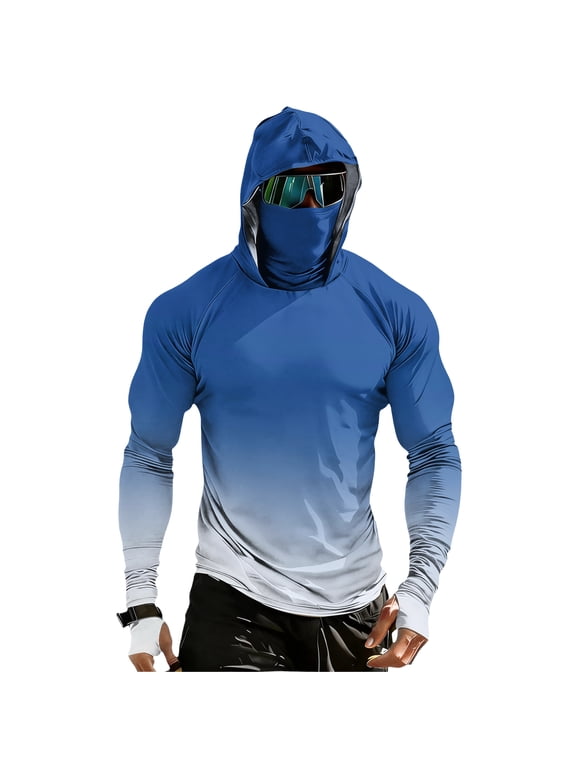 Performance Fishing Compression Hoodie for Men Sunscreen Integrated Face Mask Long Sleeve Breathable Gradient Color Rash Guard for Swimming Sailing Boating
