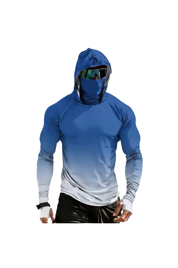 Performance Fishing Compression Hoodie for Men Sunscreen Integrated Face Mask Long Sleeve Breathable Gradient Color Rash Guard for Swimming Sailing Boating