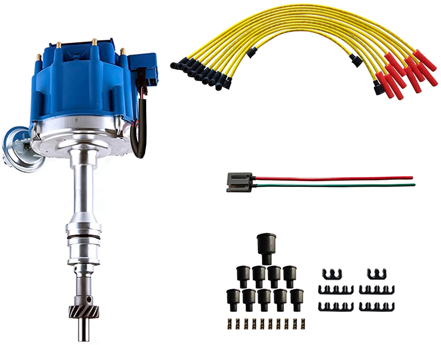 Performance HEI Ignition Distributor w/Cap & Rotor and Spark plug Wire set Compatible with Ford 351C 351M 400 460 HEI 65,000 Volt Coil KA-1046013 PE332U JM6506BL 351CBLHEI0(Blue HEI Kit)