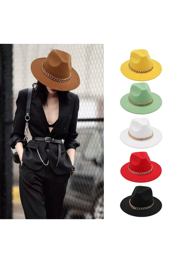 Performance Hat Thick Chain Decor Dome Solid Color Jazz Hat Wide Brim Retro Photo Prop Fedora Winter Autumn Panama Cap