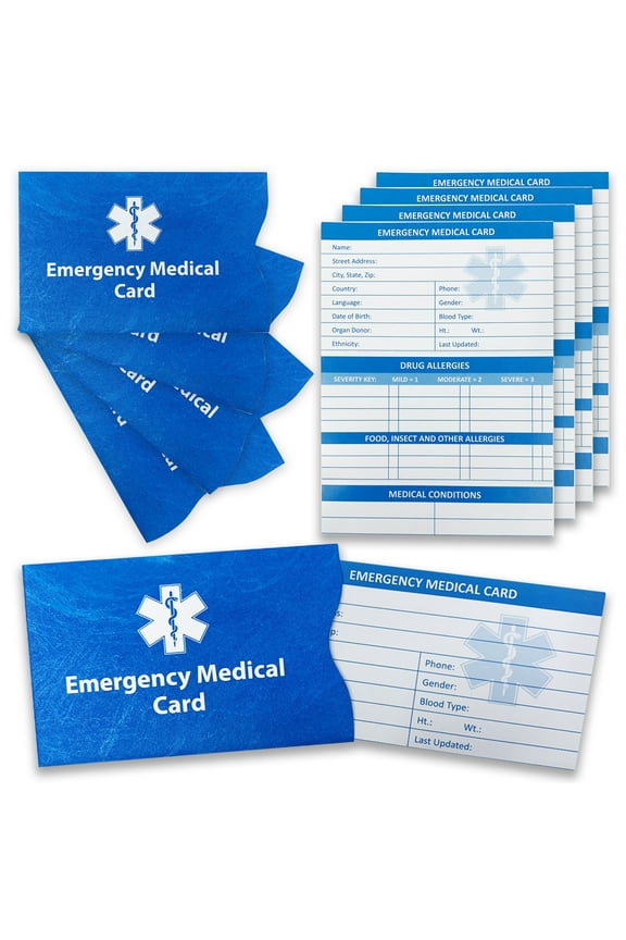Emergency Medical Cards for Wallet (4 Pack) Tri-Folding with Tyvek Sleeves - Emergency Contact ID Wallet Card Blue, White 3.5*2 inch