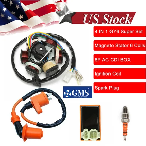 Performance Ignition Coil + 6 Pin AC CDI Box + Magneto Stator + A7TC Spark Plug for GY6 125cc Engine - Fits Go Kart, Moped, Quad, Pit Bike, Dirt Bike