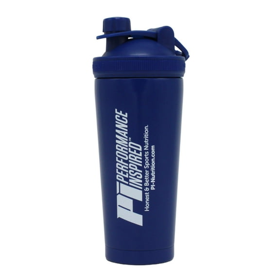Performance Inspired Nutrition-Double Wall Stainless Steel Shaker700 ML (23.66 OZ)-Removable Whisk/Strainer-Raised Measurement Markings (ml & oz)-Blue