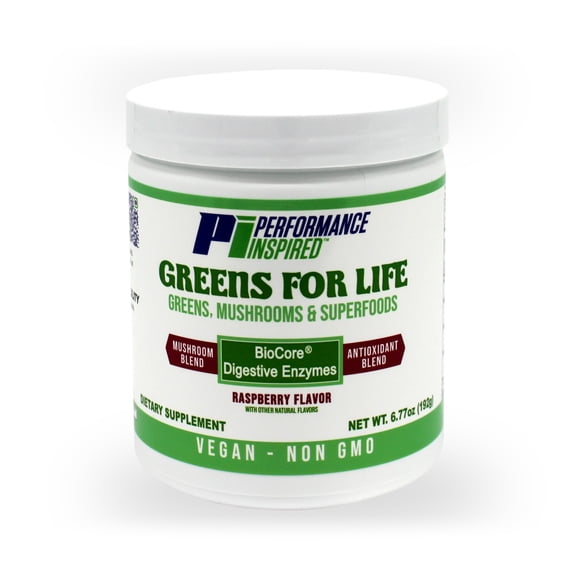 Performance Inspired Nutrition - Greens for Life - Organic Greens, Mushrooms, & Superfoods - BioCore Digestive Enzymes - Boost Immunity - Raspberry Flavor - 30 Servings