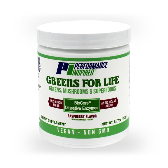 Performance Inspired Nutrition - Greens for Life - Organic Greens, Mushrooms, & Superfoods - BioCore Digestive Enzymes - Boost Immunity - Raspberry Flavor - 30 Servings