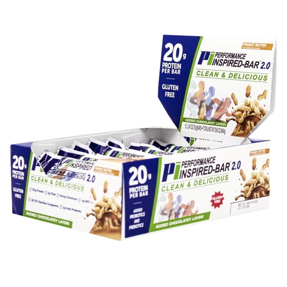 Performance Inspired Nutrition - Protein Bar 2.0 20G Protein - 6G Fiber 1G Prebiotics - G Free BIG 70g bar - Peanut Butter - 12 Count