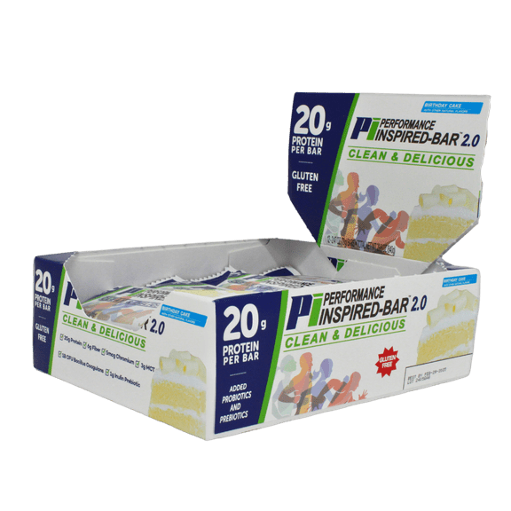 Performance Inspired Nutrition - Protein Bar 2.0  20G Protein - 6G Fiber - 3G MCTs - 1 Billion CFU Probiotics  1G Prebiotics - G Free  70G Bar - Birthday Cake - 12 Ct. Box