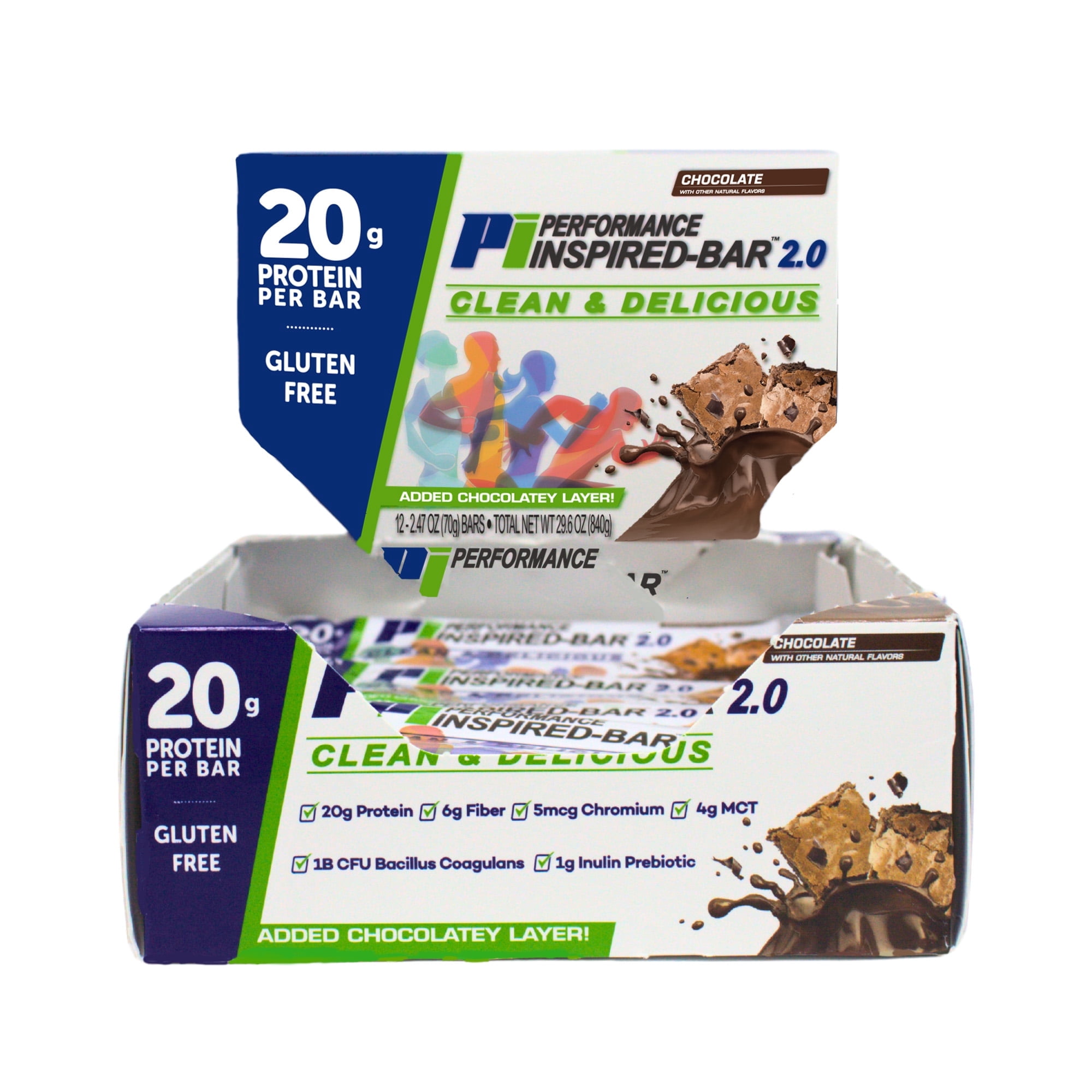Performance Inspired Nutrition - Protein Bar 2.0 – 20G Protein - 6G Fiber - 4G MCTs - 1 Billion CFU Probiotics – 1G Prebiotics - G Free – 70G Bar - Chocolate - 12 Ct. Box