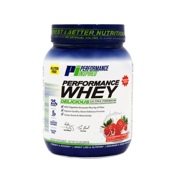 Performance Inspired Nutrition - WHEY Protein Powder - All Natural - 25G - BCAAs - Digestive Enzymes - Strawberries & Cream - 2 lbs