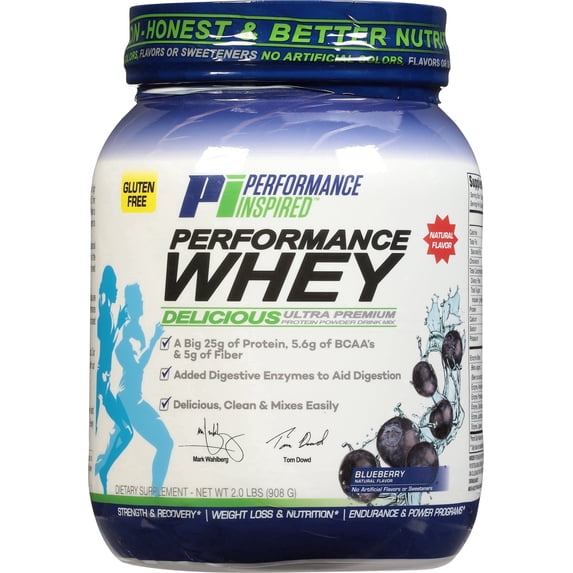 Performance Inspired Nutrition - Whey Protein Powder - All Natural - 25G - BCAAs - Digestive Enzymes - Blueberry - 2 lbs