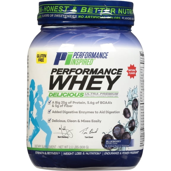Performance Inspired Nutrition - Whey Protein Powder - All Natural - 25G - BCAAs - Digestive Enzymes - Blueberry - 2 lbs